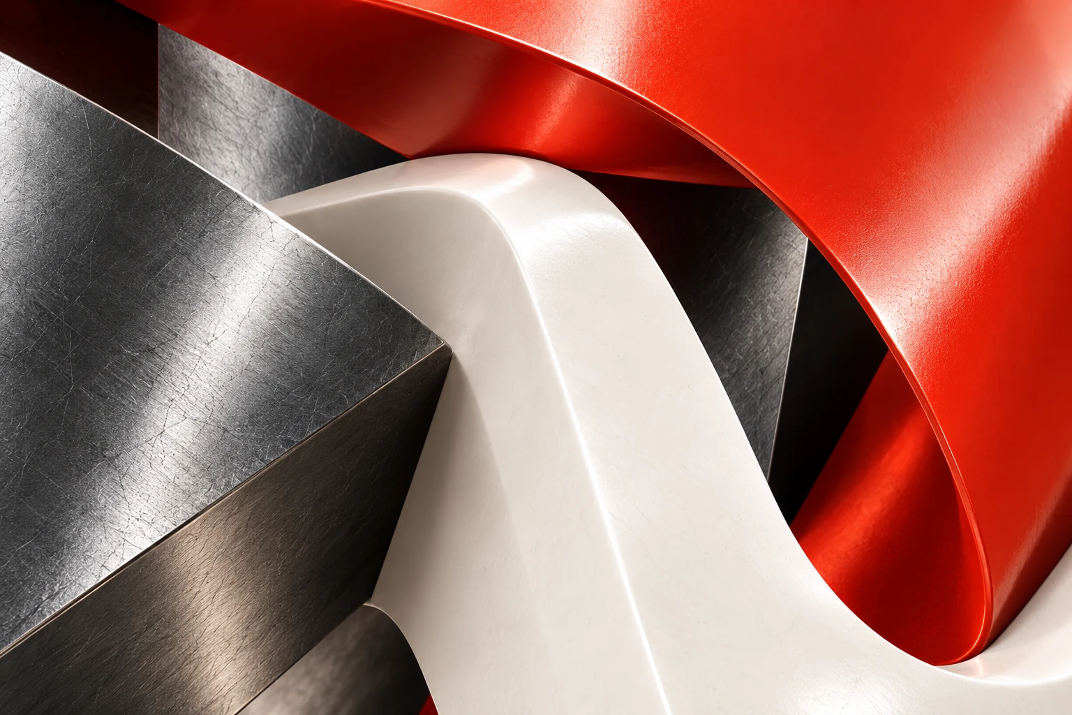 Folded vermilion and brushed silver surfaces